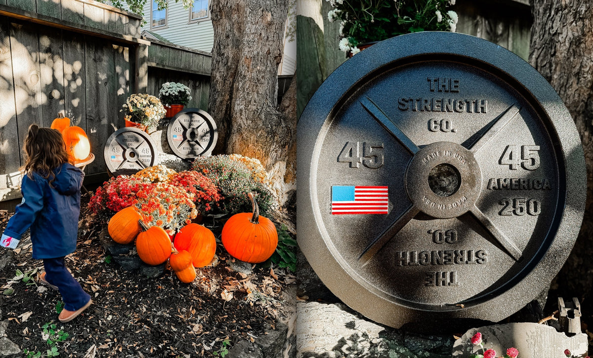 A child walks past two America 250 45LB plates set among fall mums and pumpkins, beside a close-up of the plate